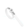 A white ring sizing tool with a magnifying ruler and adjustable measuring device.
