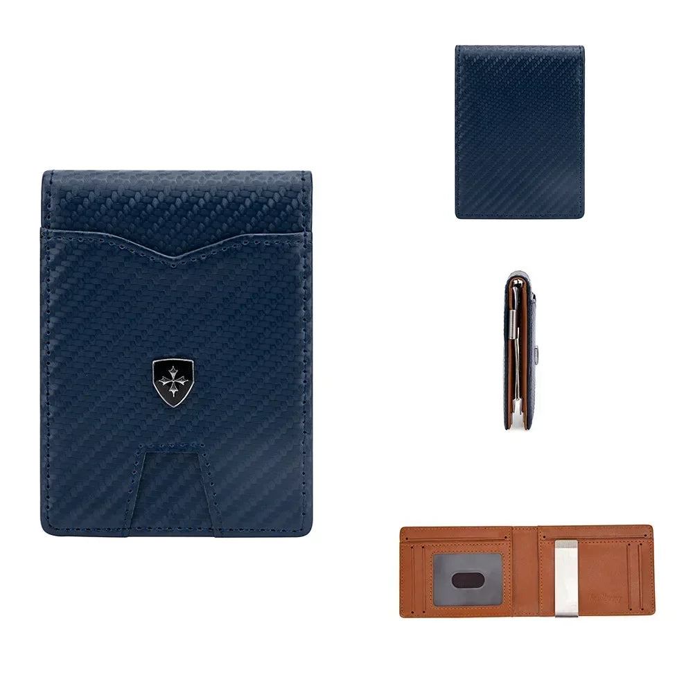 A navy blue carbon fiber wallet with a leather cardholder and a separate pen.
