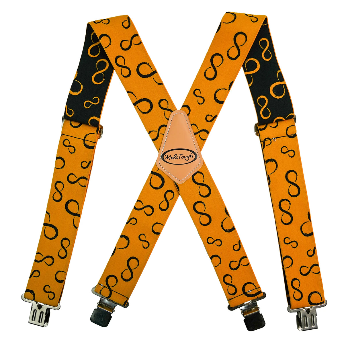 A pair of orange and black elastic X-back suspenders for men