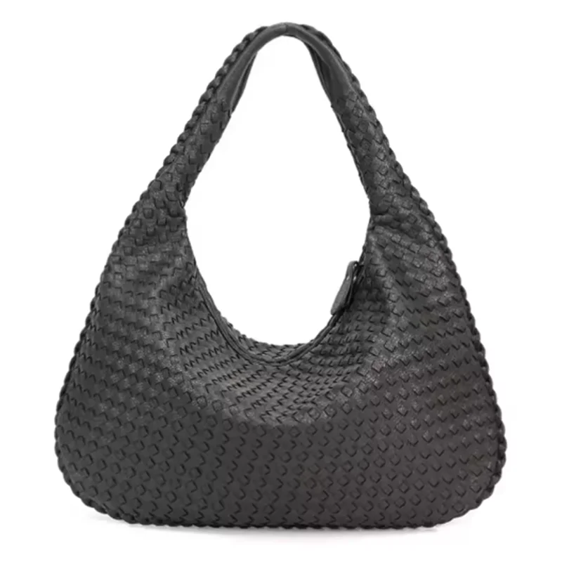 A black vegan leather woven hobo bag shown from the front.