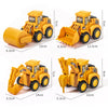 A set of yellow diecast construction vehicles, including a push-play excavator and bulldozer, shown from various angles.
