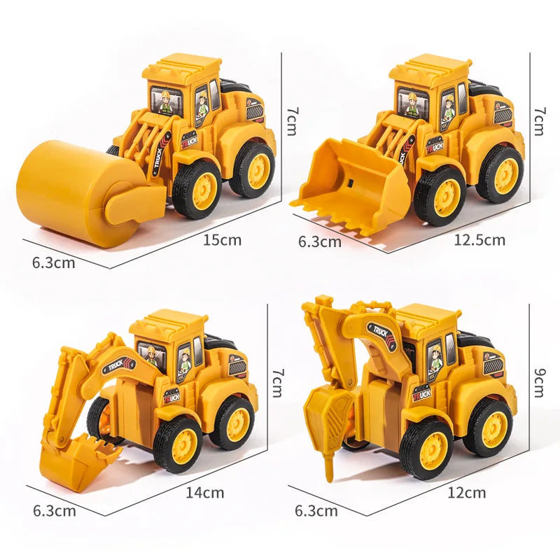 A set of yellow diecast construction vehicles, including a push-play excavator and bulldozer, shown from various angles.