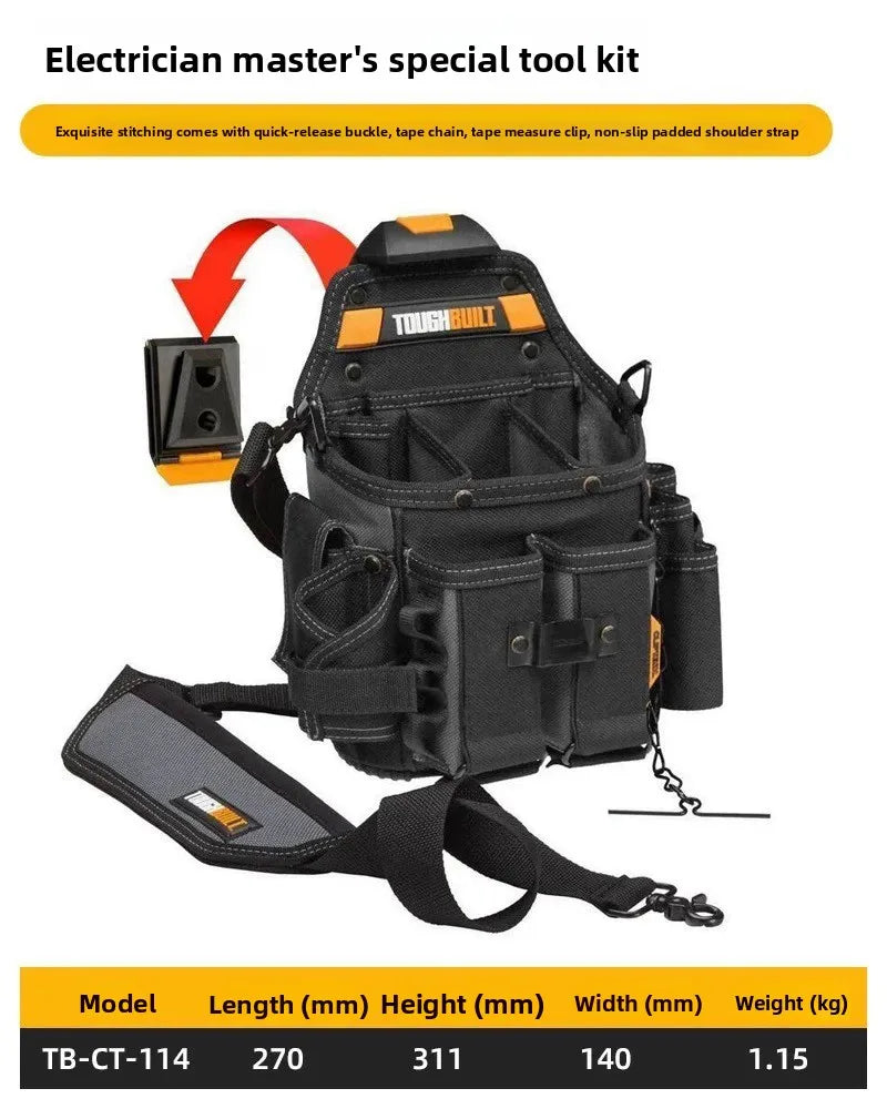 A black electrician master's special tool kit featuring a tough built belt with multiple pockets and a shoulder strap.