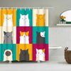 A shower curtain featuring cute cartoon cats in various colors and patterns hanging from a rod.