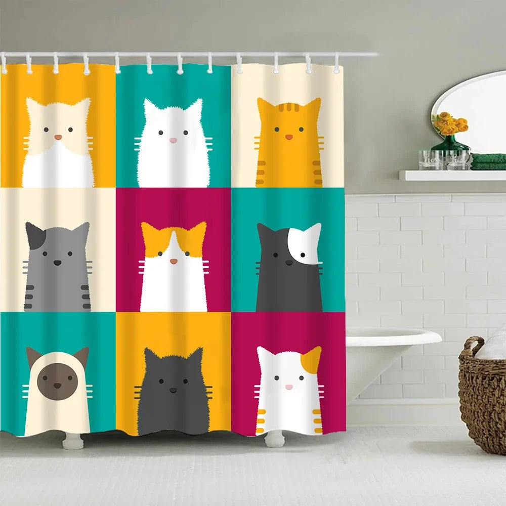 A shower curtain featuring cute cartoon cats in various colors and patterns hanging from a rod.