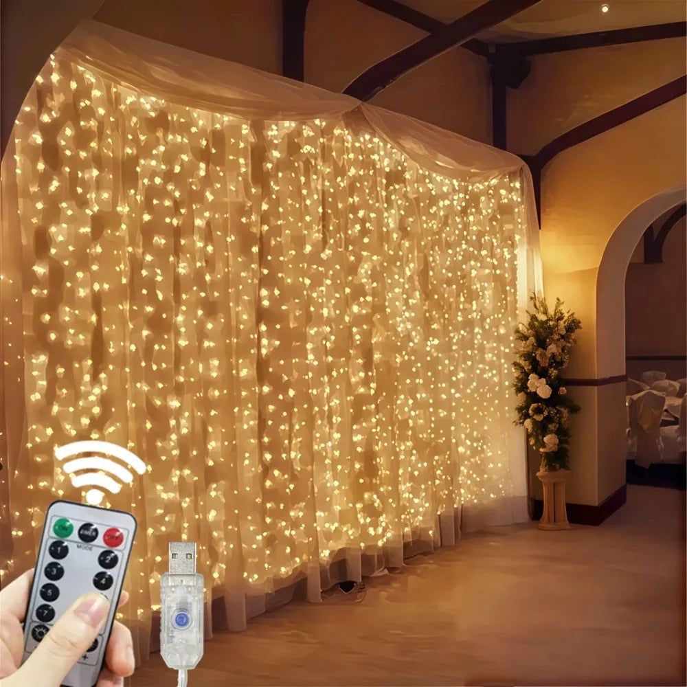 LED curtain string lights with fairy lights draped across a wall, controlled by a remote.