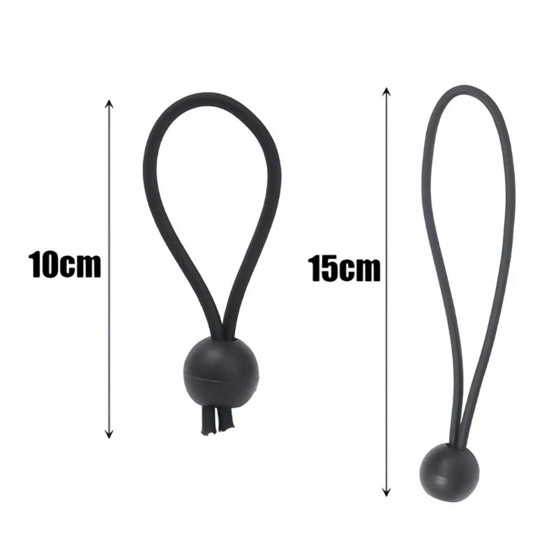 Black elastic tent tie-down ropes with plastic buckles shown next to a 10cm and 15cm measurement guide.