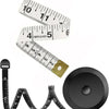 A flexible soft tape measure with dual-sided markings and a black measuring wheel.
