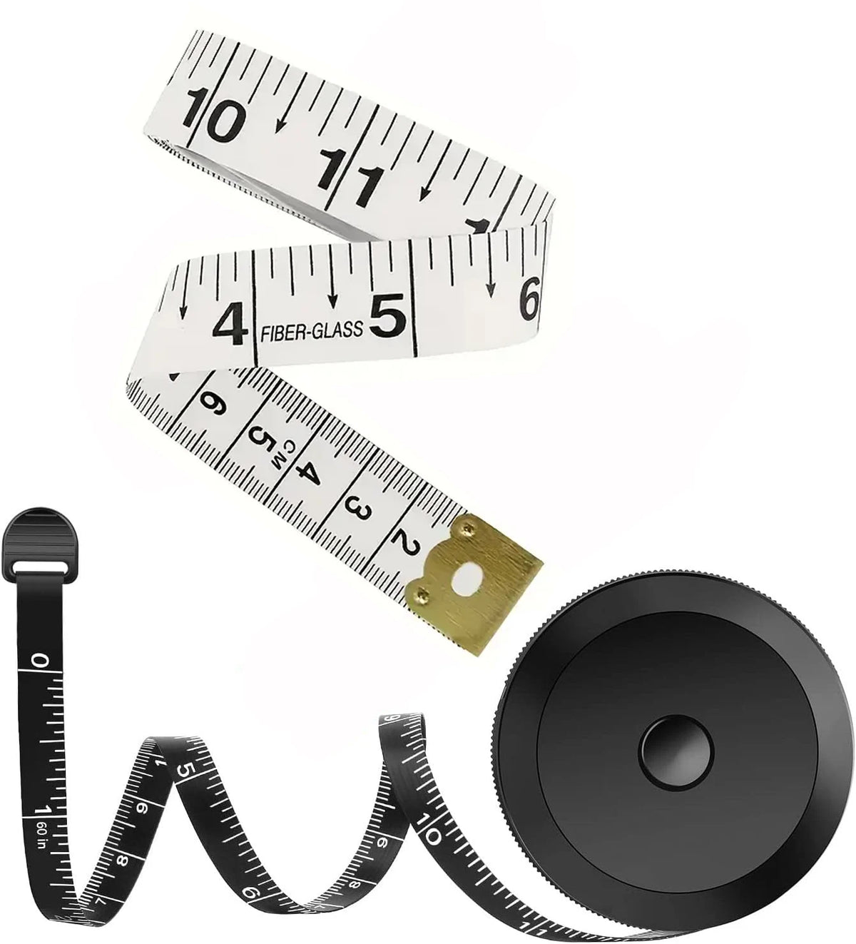 A flexible soft tape measure with dual-sided markings and a black measuring wheel.