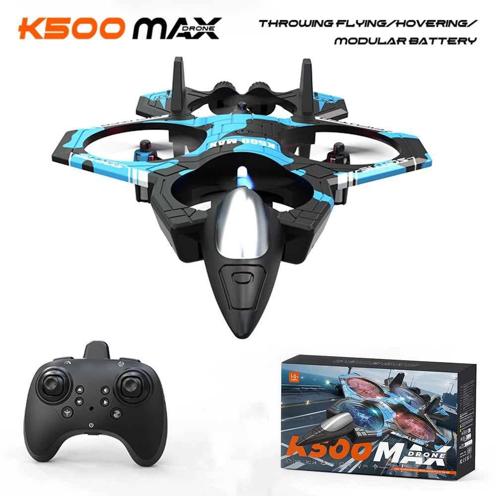 K500 MAX drone with modular battery and remote control controller shown in a top-down view