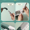 A close-up of an adjustable over-sink dish drying rack and kitchen organizer featuring a telescopic design and ventilation de