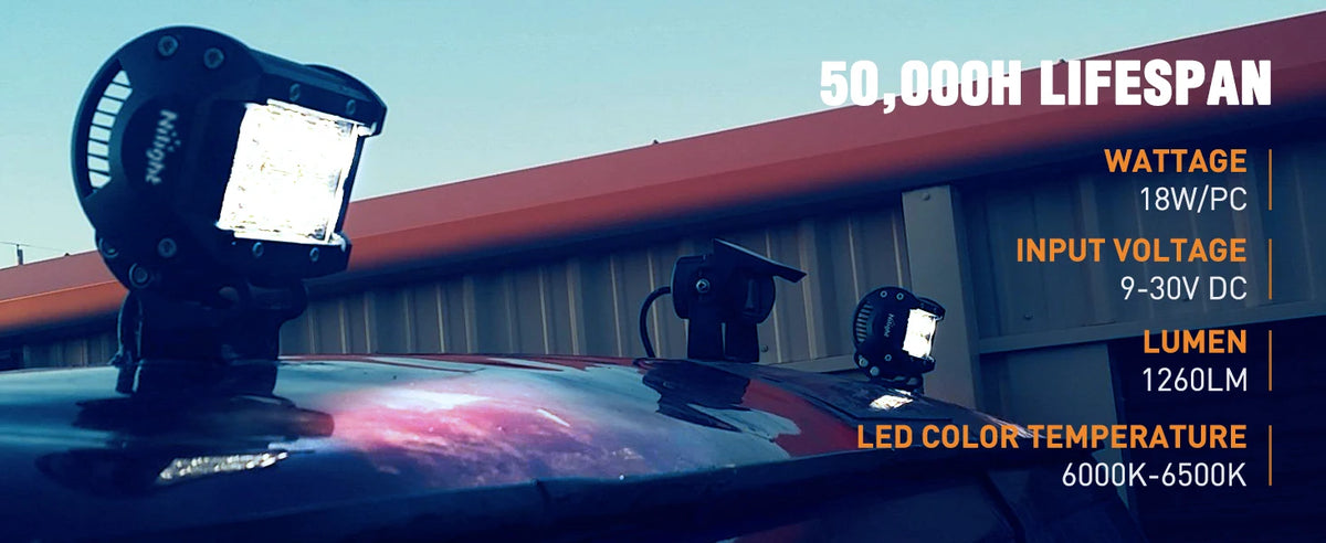 Close-up of a bright LED flood light pod mounted on a vehicle roof, highlighting its features and specifications.