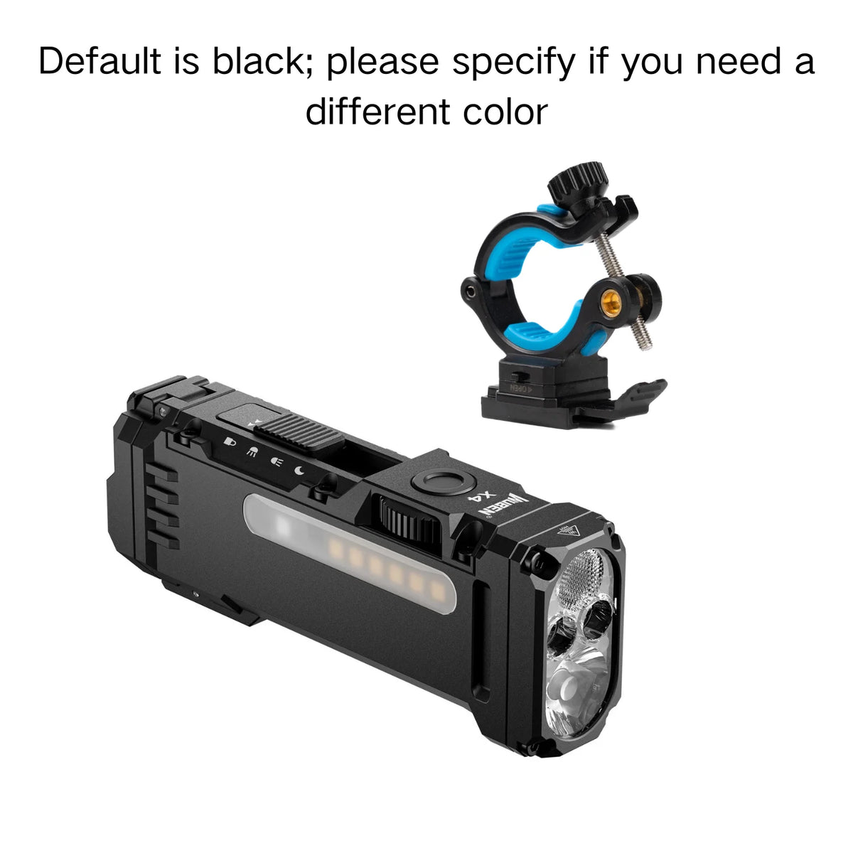 Black Wuben X4 compact EDC flashlight with an orange and blue grip and a clear lens.