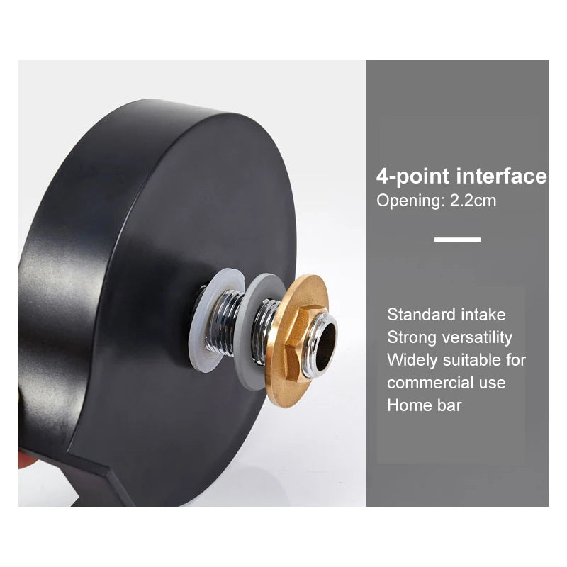 A black high pressure faucet glass rinser with a 4-point interface and a gold-colored intake fitting.