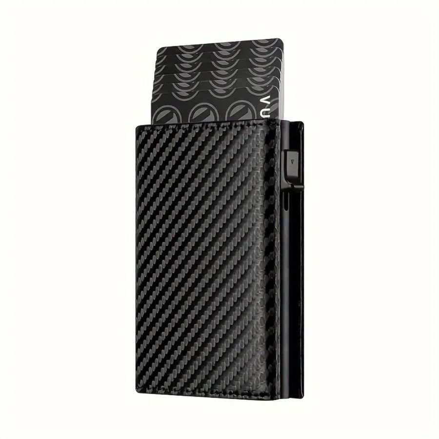 A black slim pop-up wallet with a textured pattern is shown against a white background.