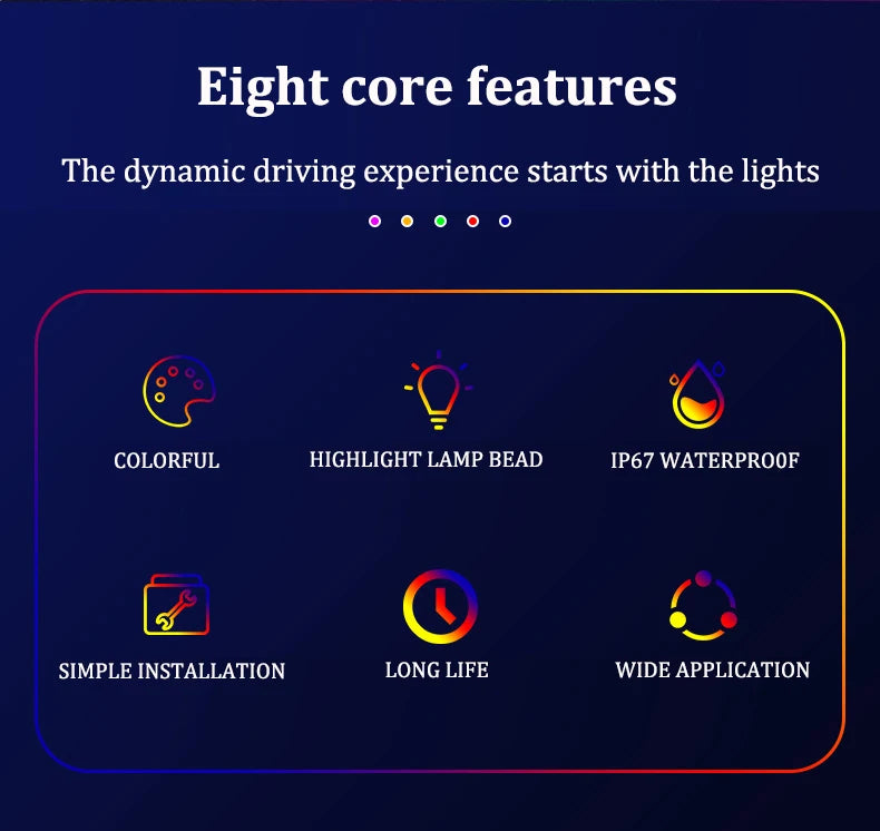 Eight core features of an RGB LED tailgate light bar including colorful lights, highlight lamp bead, IP67 waterproof, simple 
