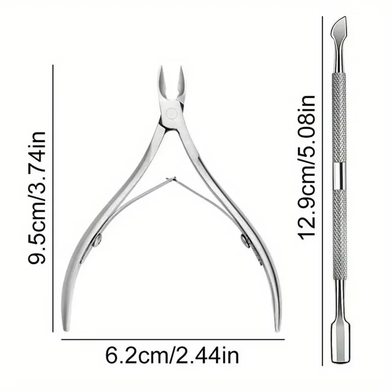 Professional stainless steel manicure kit featuring a cuticle trimmer and pusher tool.