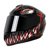 Black motorcycle helmet featuring a fierce red and white dragon design with an eye motif.
