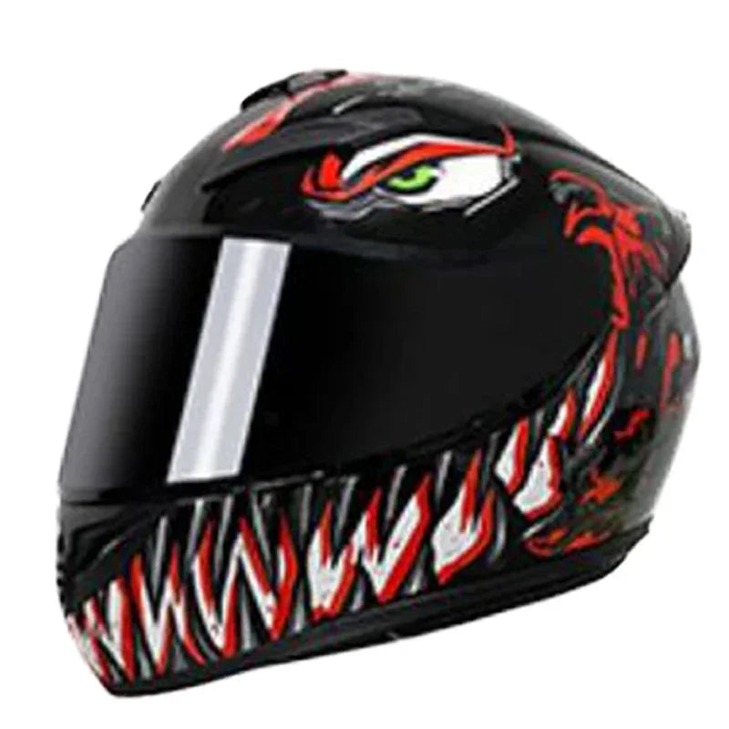 Black motorcycle helmet featuring a fierce red and white dragon design with an eye motif.