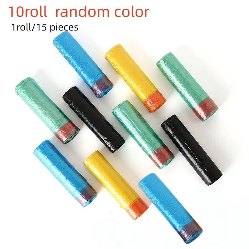 Ten rolled random color drawstring trash bags with handles displayed on a white background.