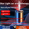 A rechargeable car aroma diffuser featuring a metallic body and a top light emitting a starry sky ambiance.