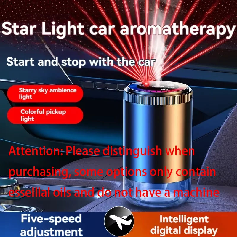 A rechargeable car aroma diffuser featuring a metallic body and a top light emitting a starry sky ambiance.