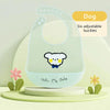A light green silicone baby bib with a yellow cartoon bear design and six adjustable buckles.