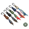 A set of squid jig protectors featuring various colored jigs attached to carabiners.