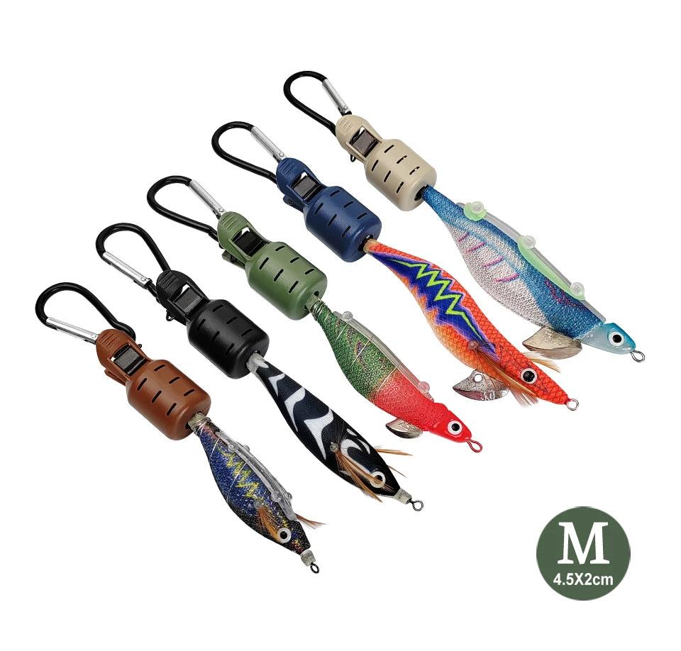 A set of squid jig protectors featuring various colored jigs attached to carabiners.