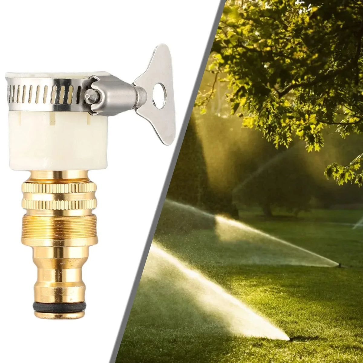 A silver garden hose tap adapter with a brass connector is shown next to a bright sunbeam hitting a green lawn.
