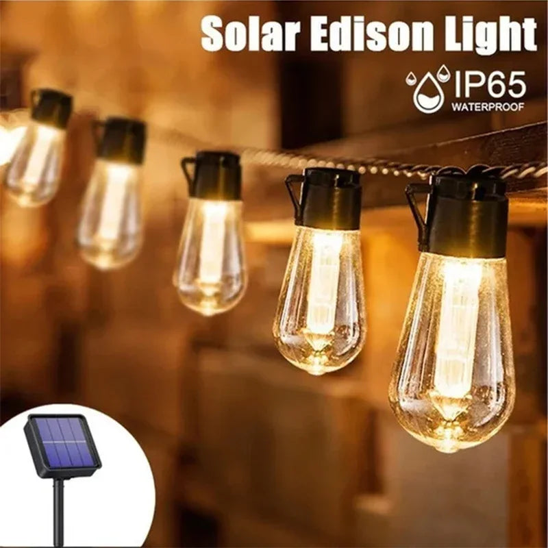 Solar Edison light bulbs strung outdoors, featuring vintage glass bulbs and waterproof construction.