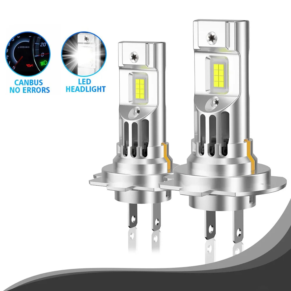 A pair of plug-and-play LED headlight bulbs shown with diagnostic indicators for no errors.