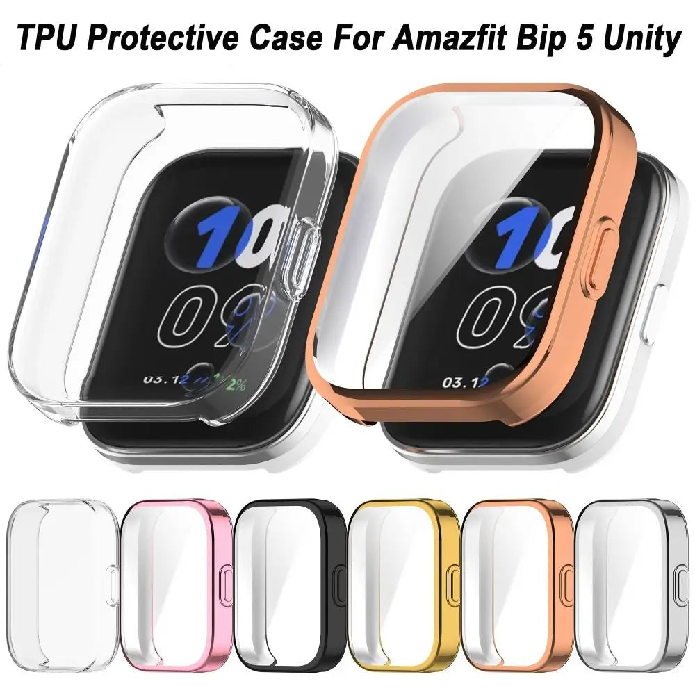 Various clear and colored TPU protective cases for the Amazfit Bip 5 Unity smartwatch.