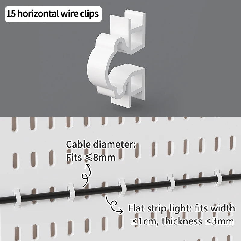 A close-up view of horizontal wire clips and a flat strip light fitting onto a pegboard surface.