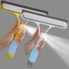 A hand is holding a yellow and white multi-function window cleaning tool set, demonstrating its spray function.