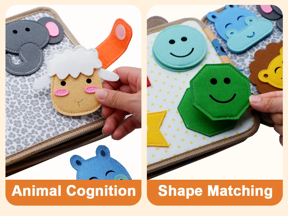 A Montessori giraffe busy board featuring animal cognition and shape matching activities for toddlers.