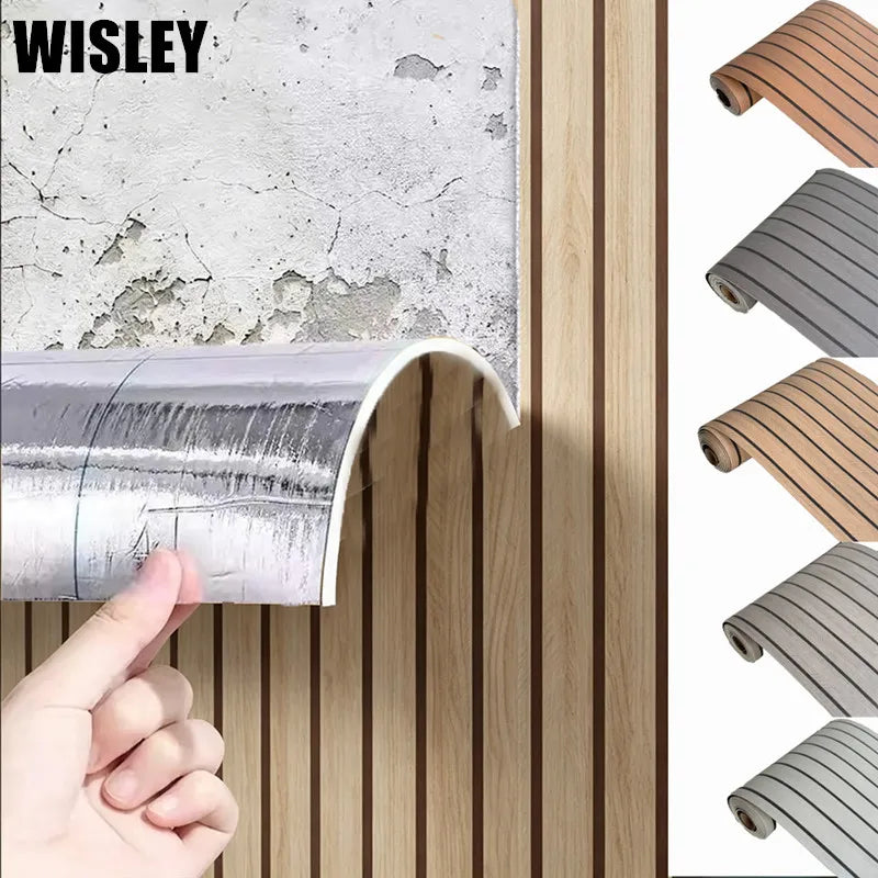 Close-up of a self-adhesive wood grain wall panel being applied to a surface, showing the texture and installation process.