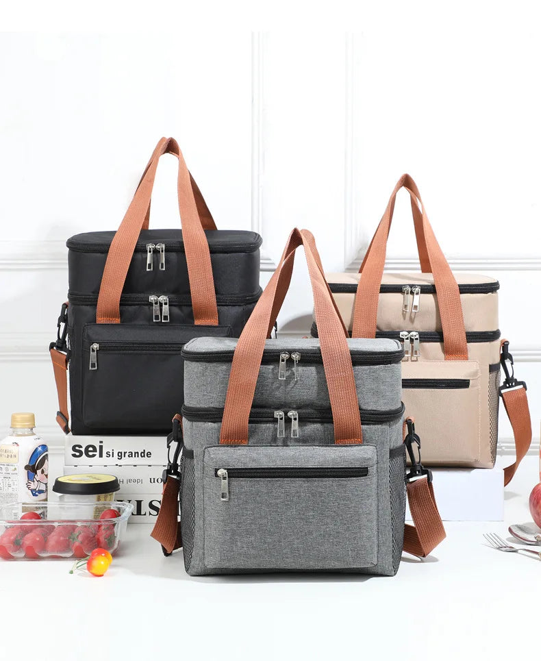 Insulated Double-Layer Lunch Tote with Shoulder Strap