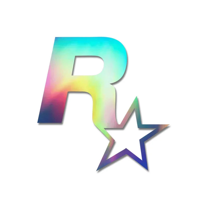 A colorful, iridescent letter R and a five-pointed star design for a car decal.