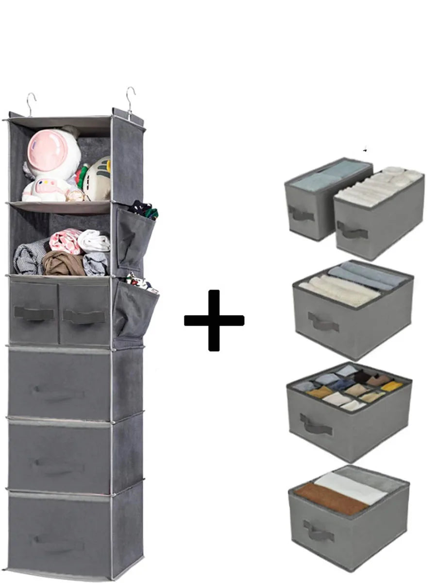 Foldable Hanging Closet Organizer with Multi-Tier Storage and Side Pockets