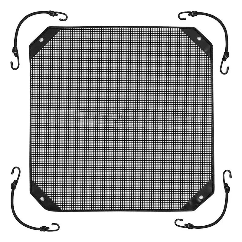 A square, black mesh cover for an outdoor AC unit, featuring flexible wires for connection.