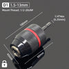 A close-up view of a drill chuck with a 1.5-13mm mount thread and a 1/4 inch hex adapter.
