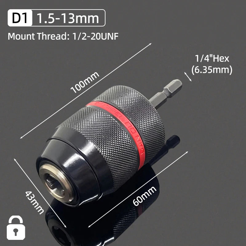 A close-up view of a drill chuck with a 1.5-13mm mount thread and a 1/4 inch hex adapter.