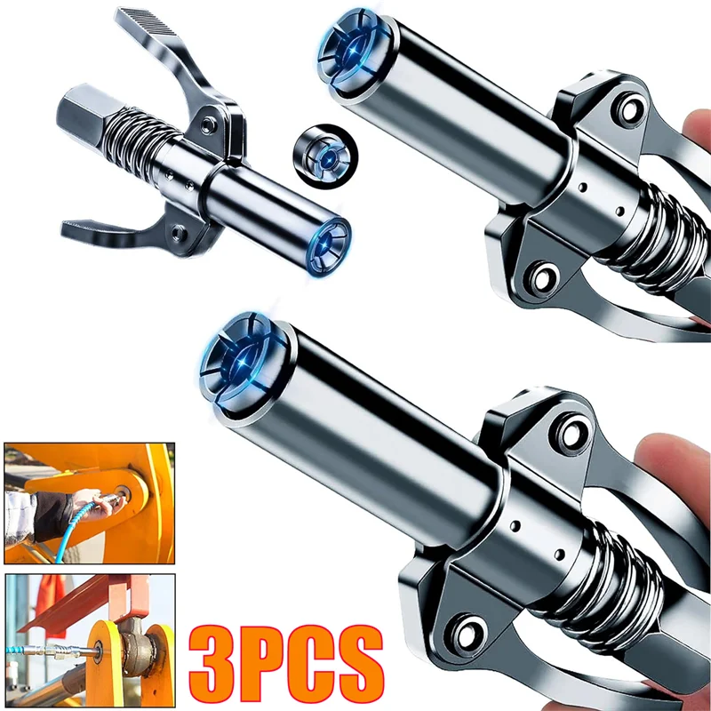 Three heavy-duty metal grease gun couplers and fittings shown in various angles