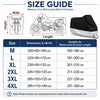 Size guide chart showing dimensions for motorcycle covers ranging from M to 4XL