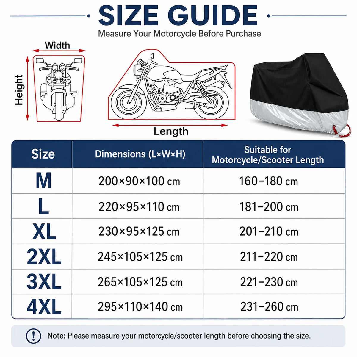 Size guide chart showing dimensions for motorcycle covers ranging from M to 4XL