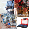 A hand is using a 52-piece metric and SAE bolt and nut thread checker tool for measurement in narrow spaces.