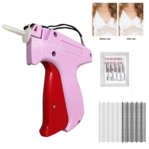 Pistolet à micro-points rose et rouge pour la réparation de vêtements, montrant avant/après et jeux de fils.