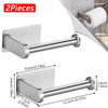 Two silver stainless steel adhesive toilet paper racks shown in various views and dimensions.