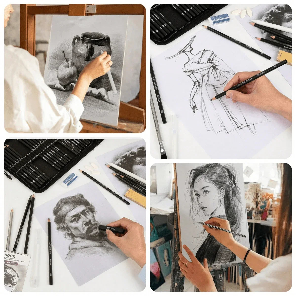 A collection of drawing tools including graphite and charcoal pencils, brushes, and a sketchbook used for creating sketches.